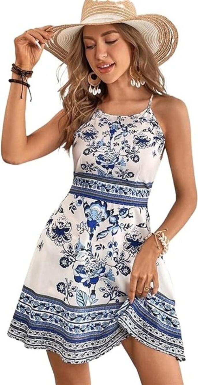 New Gliget Back Tie Blue & White Floral Halter Dress Women's Large (8/10)